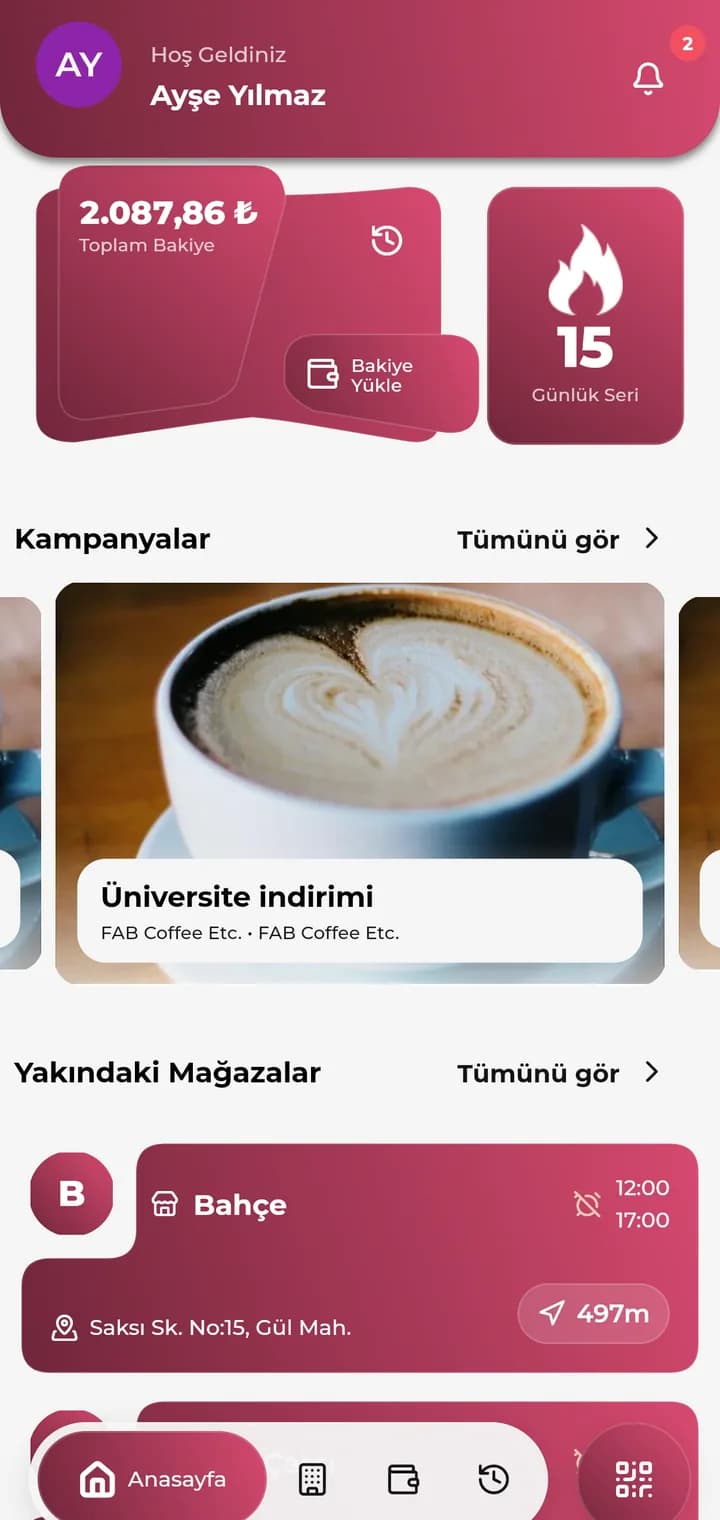 Kasi ana ekranı: toplam bakiye, günlük seri ve kampanya vitrini