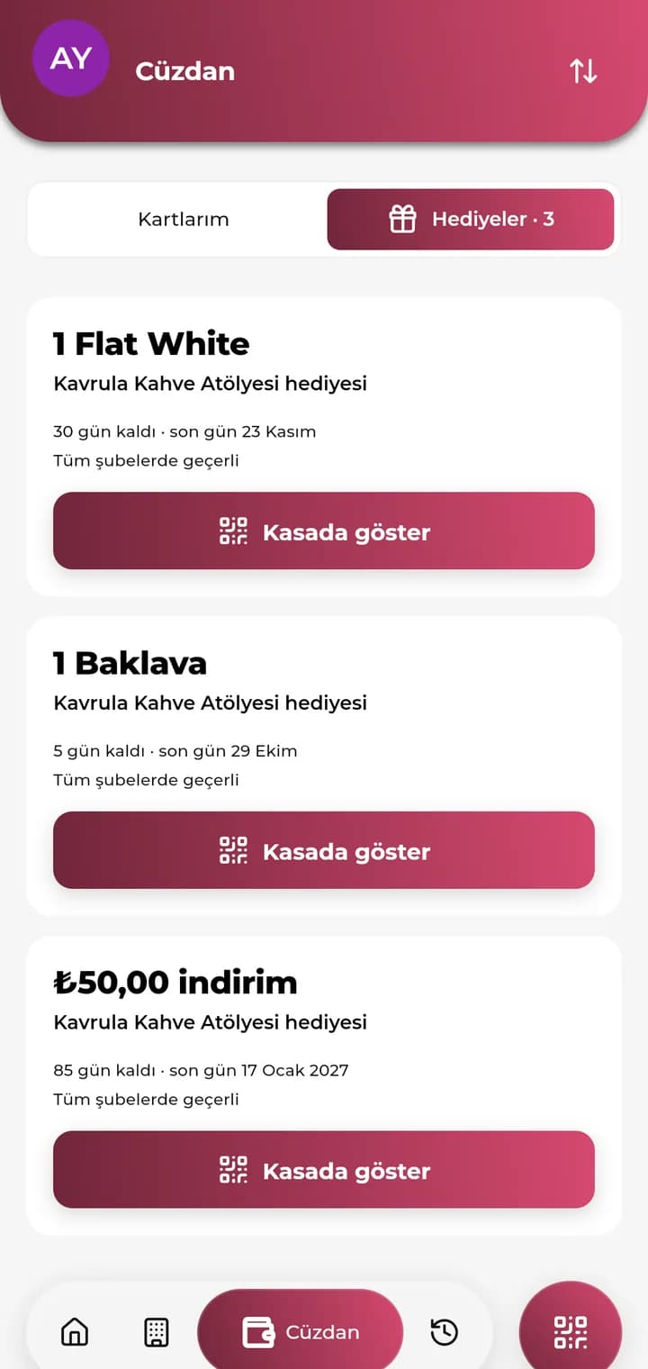 Hediyeler sekmesi: kupon kartları ve Kasada göster
