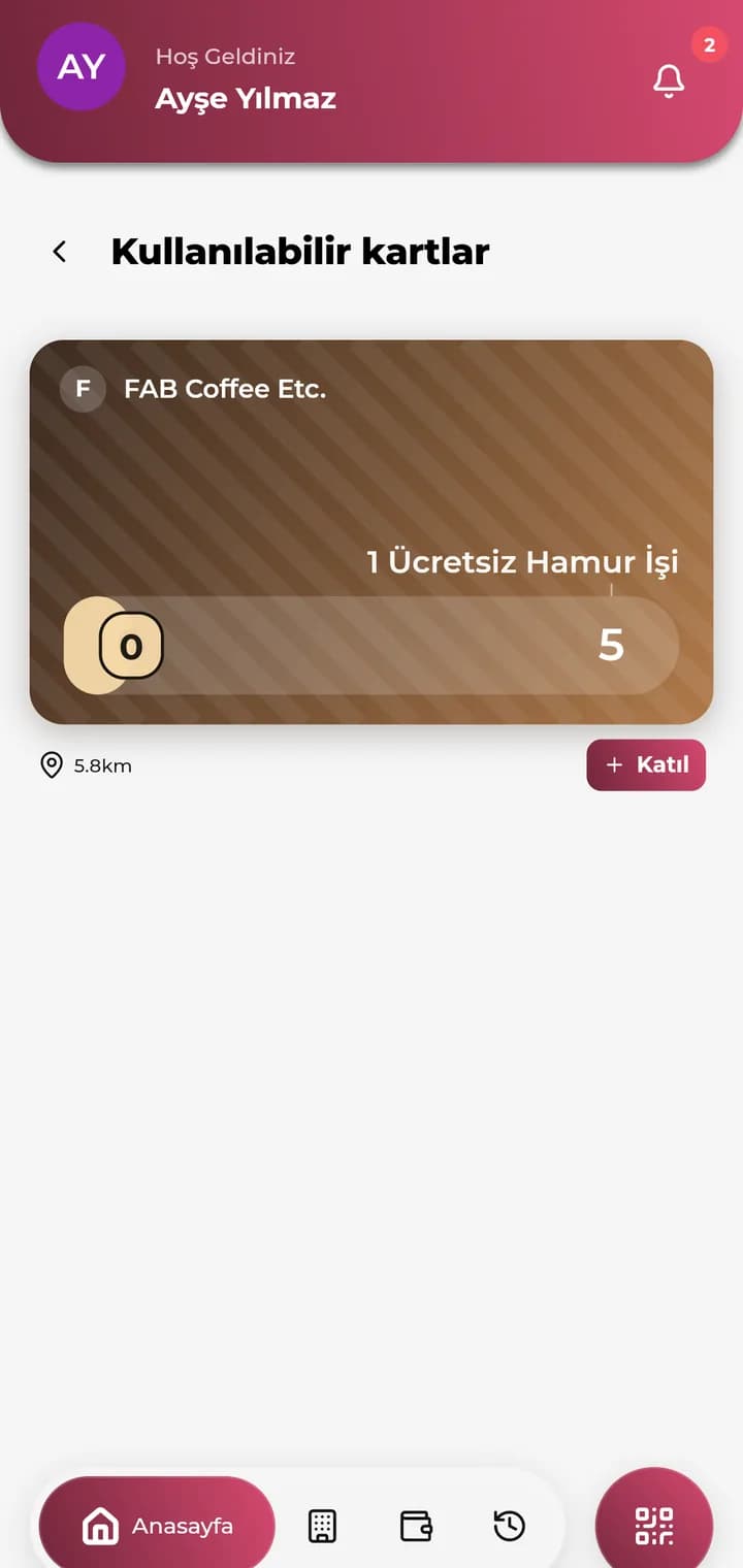 Kullanılabilir kartlar: yakındaki bir kafenin kartı, mesafesi ve Katıl